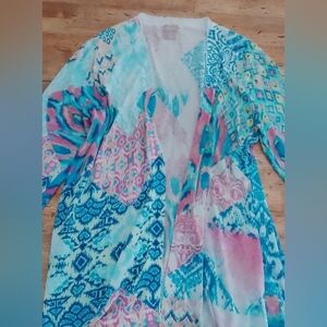 Chico's 2 Aqua and Pink Patterned Spring Open Cardigan